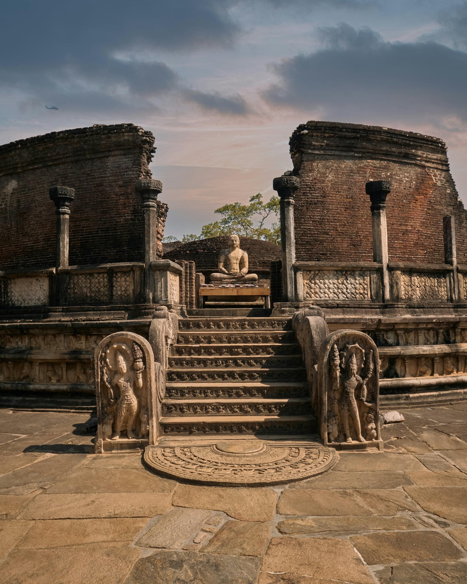 Vatadage circular relic house at Polonnaruwa archaeological site at sunset