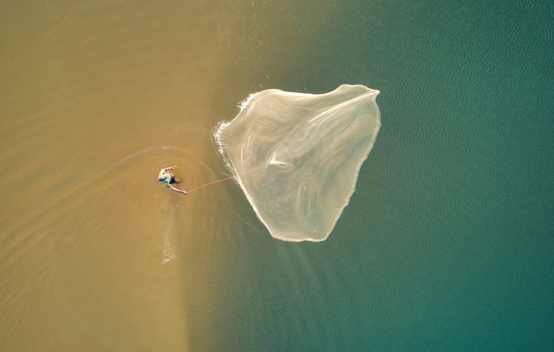 Aerial view of a fisherman casting a circular net in shallow tidal waters