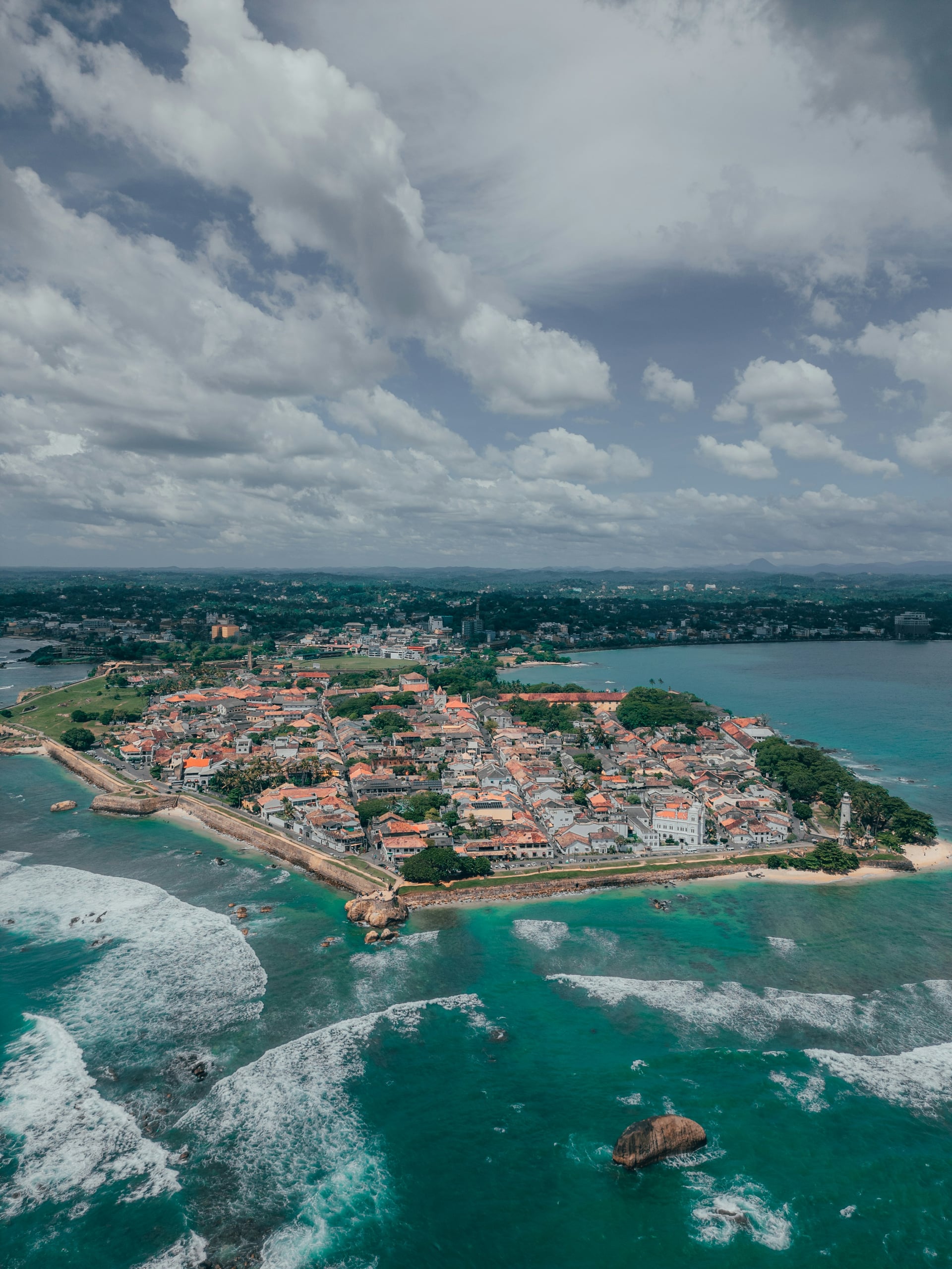Aerial view of Galle Fort historic peninsula surrounded by the Indian Ocean